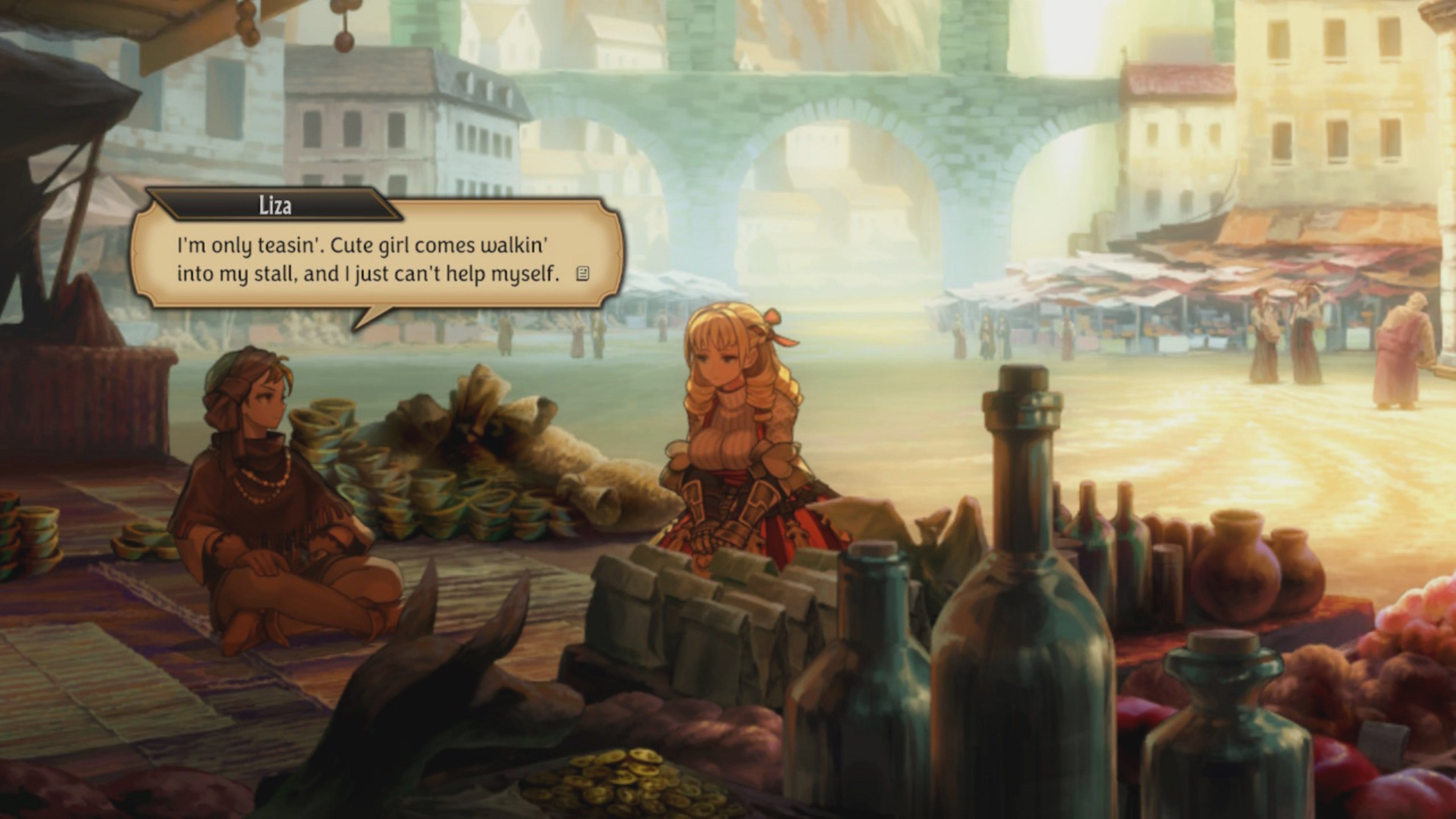 unicorn overlord screenshot: a blonde girl wearing a battle dress(?) sits next to a street vendor, who says "I'm only teasin'. Cute girl comes walkin' into my stall, and I just can't help myself."