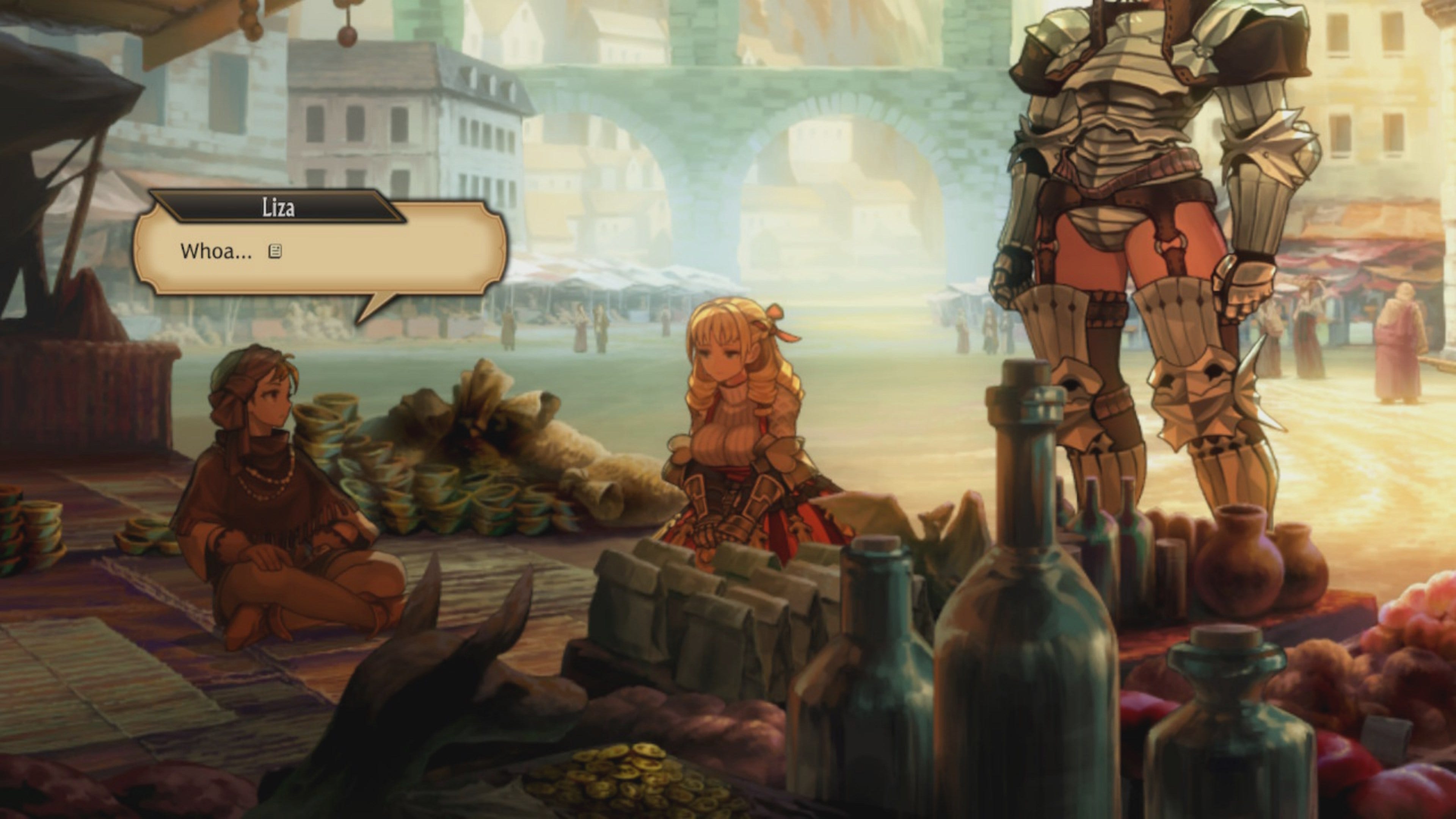 same scene, but behind the blond girl stands a person so tall their head is out of the frame, wearing armor that somehow doesn't bother to cover their upper thighs