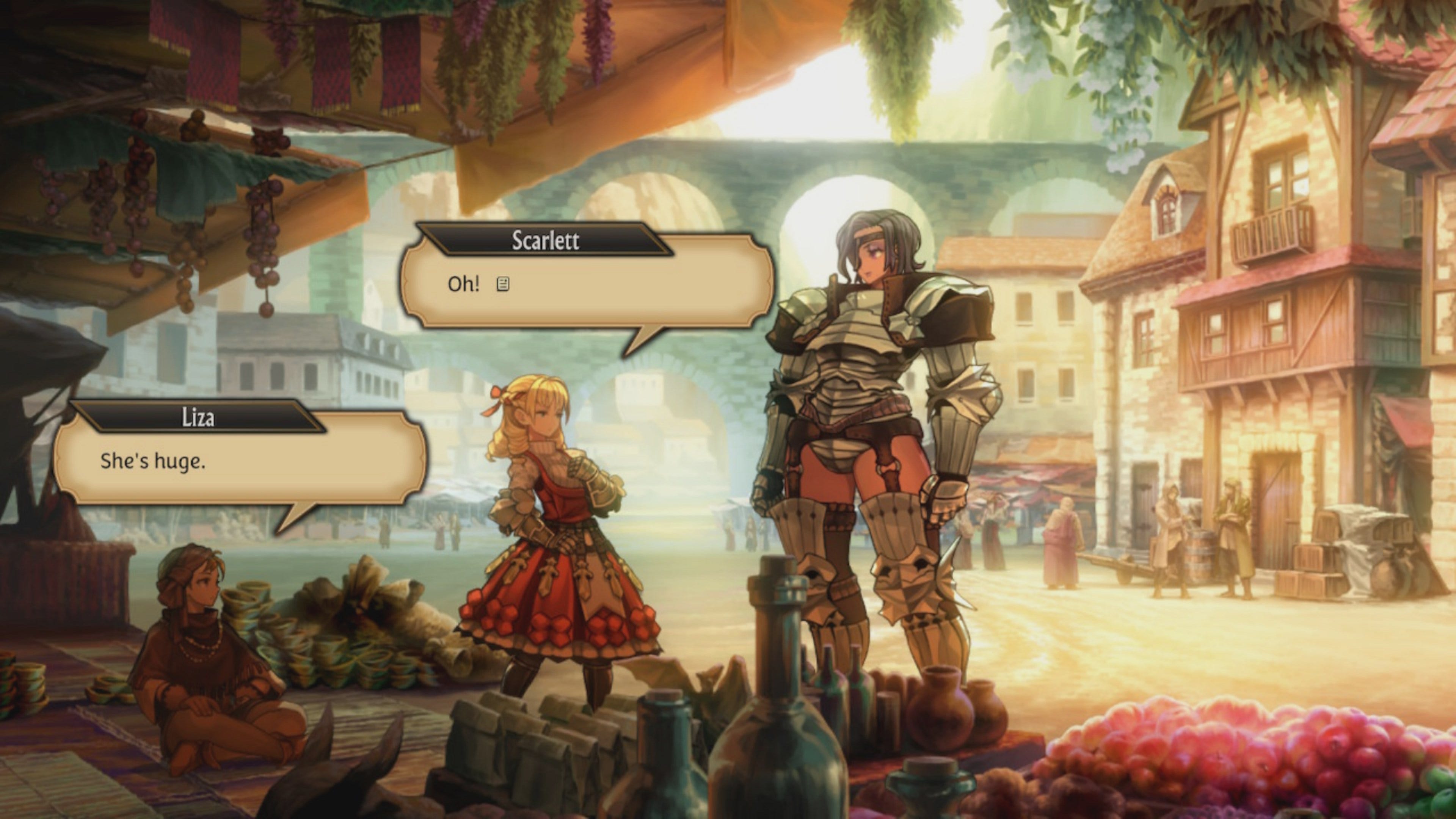 the huge lady's head can now be seen, and she has an eyepatch. the blonde girl (Scarlett) stands and turns, saying 'Oh!' while the merchant (Liza) says "She's huge."