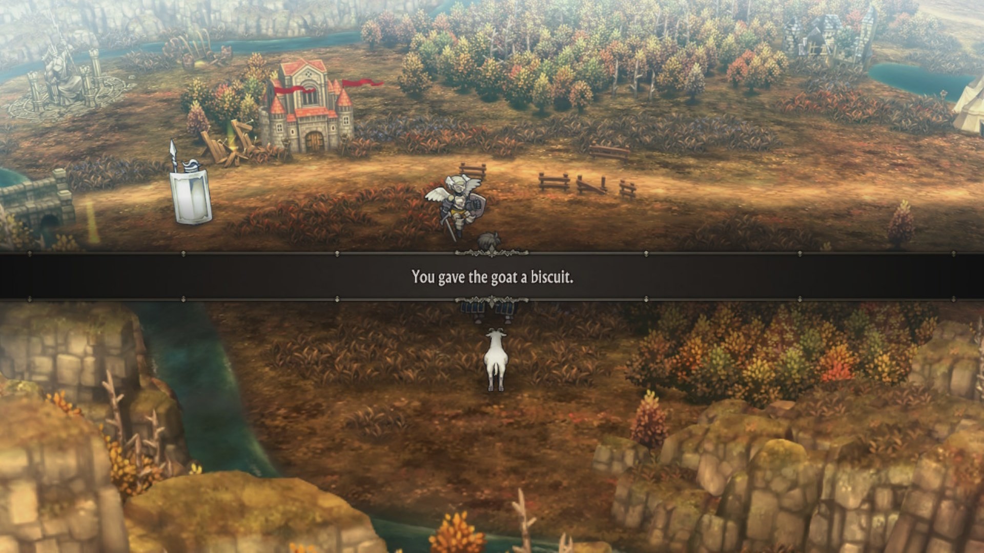 screenshot: the overworld interface, with a goat in the foreground; a text overlay reading "You gave the goat a biscuit"